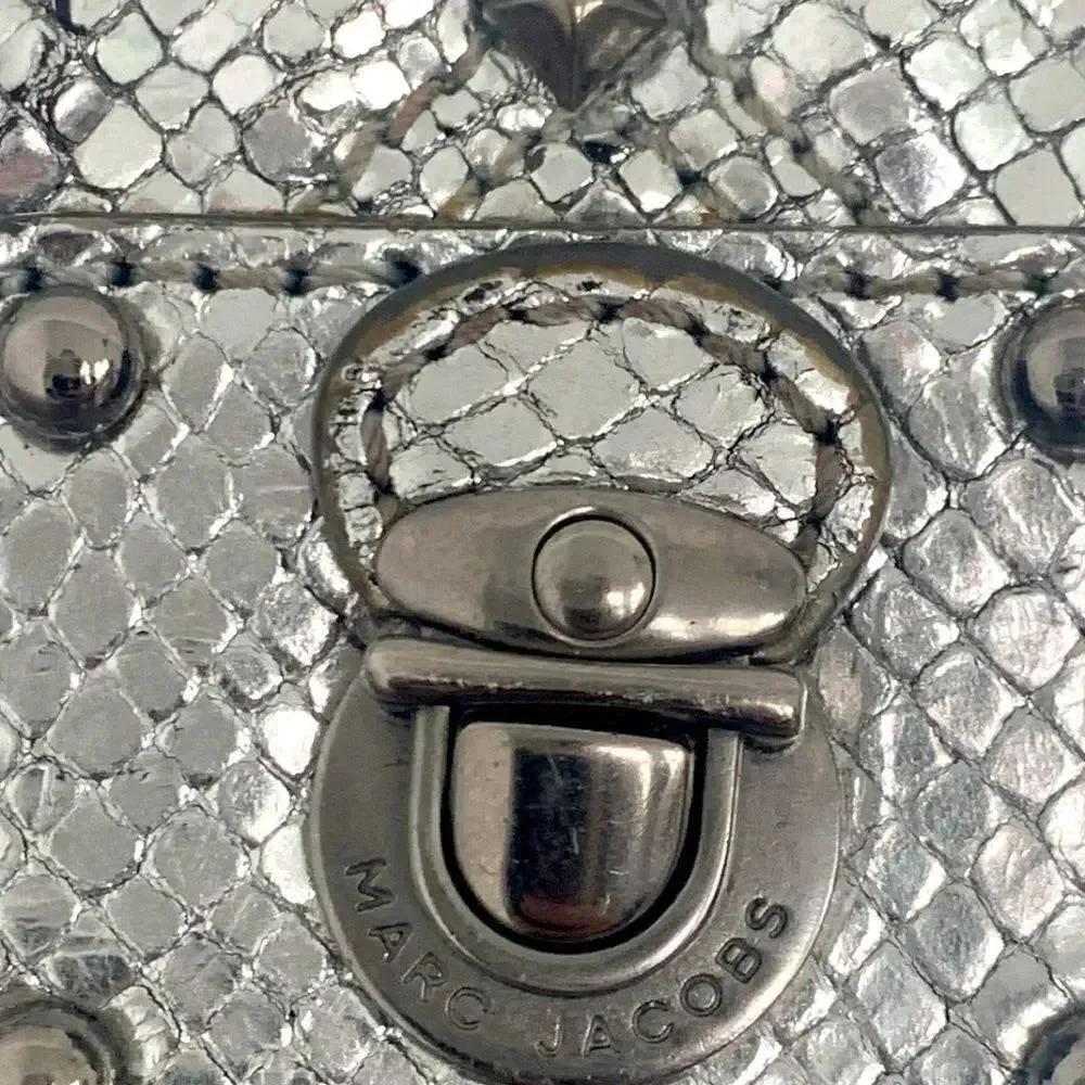 Marc Jacobs Quilted Leather Snakeskin Animal Print Embossed Studded Silver Bag
